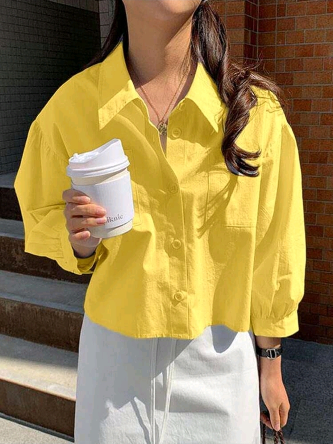 Yellow Pocket Loose Short Long Sleeve Blouse, WTP-0011