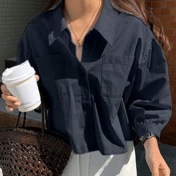 Navy Blue Pocket Loose Short Long Sleeve Blouse, WTP-0012