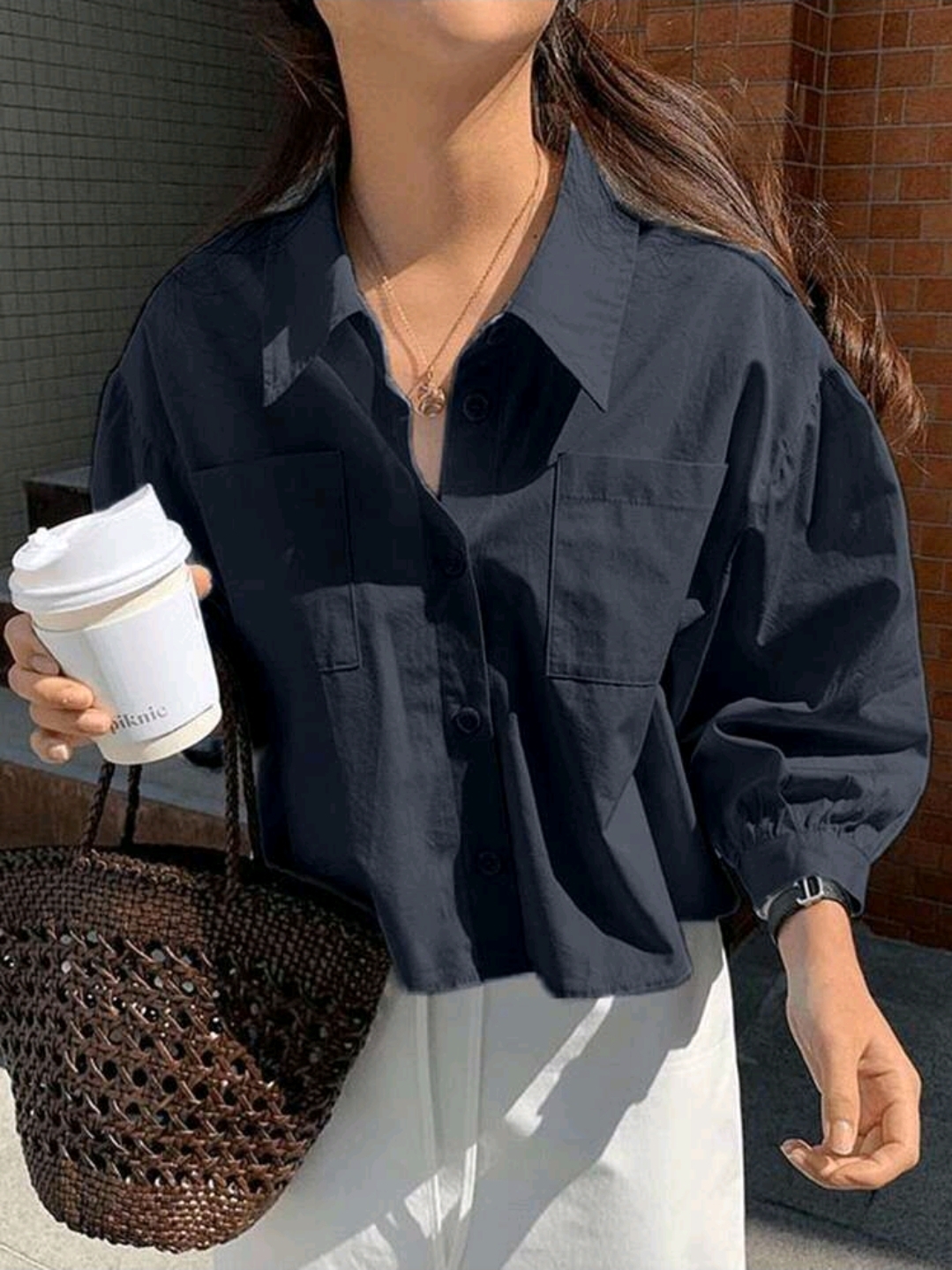 Navy Blue Pocket Loose Short Long Sleeve Blouse, WTP-0012