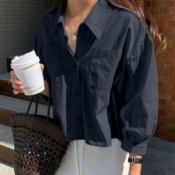 Navy Blue Pocket Loose Short Long Sleeve Blouse, WTP-0012