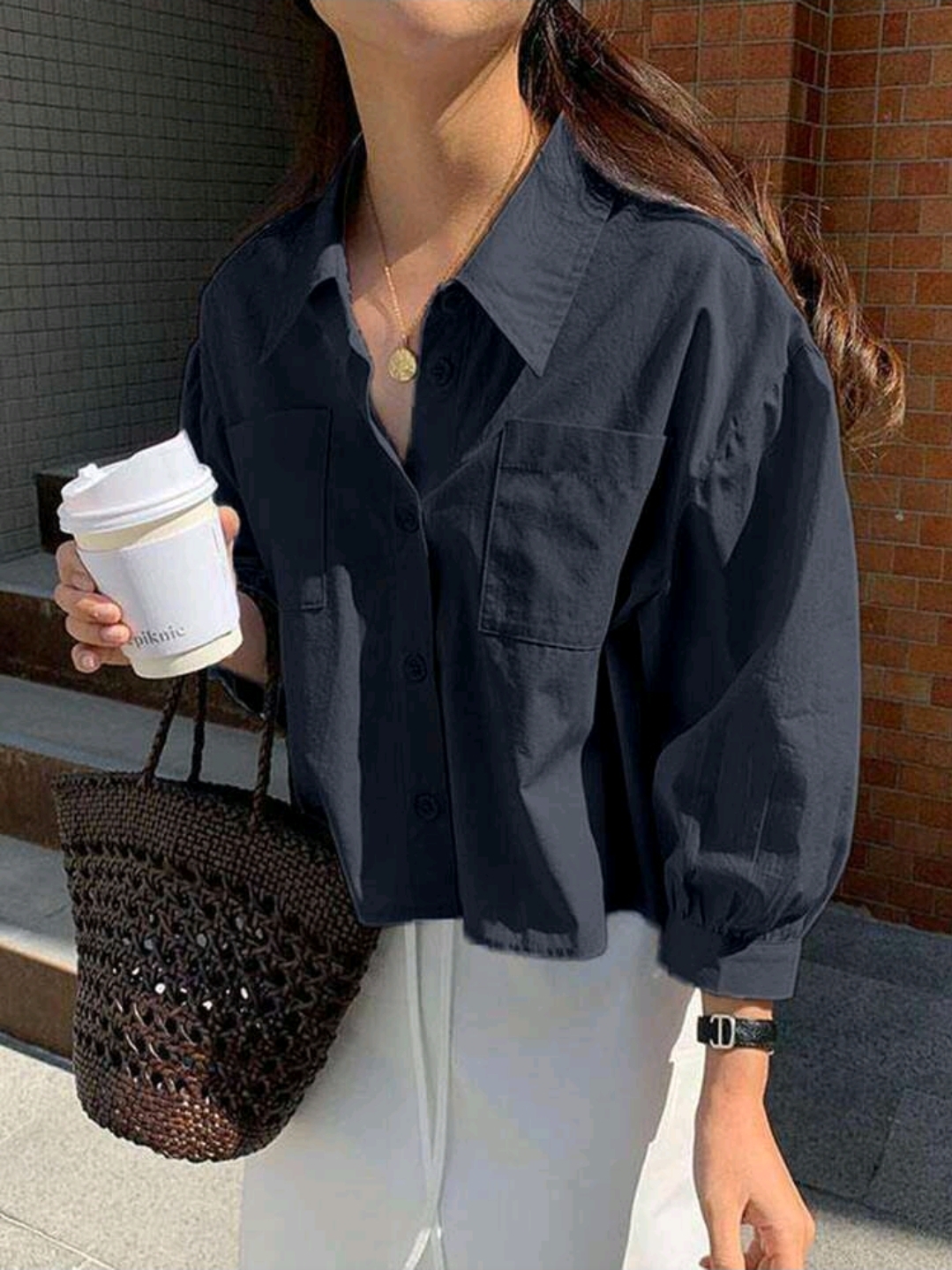 Navy Blue Pocket Loose Short Long Sleeve Blouse, WTP-0012