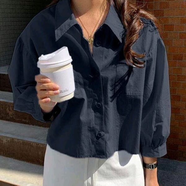 Navy Blue Pocket Loose Short Long Sleeve Blouse, WTP-0012