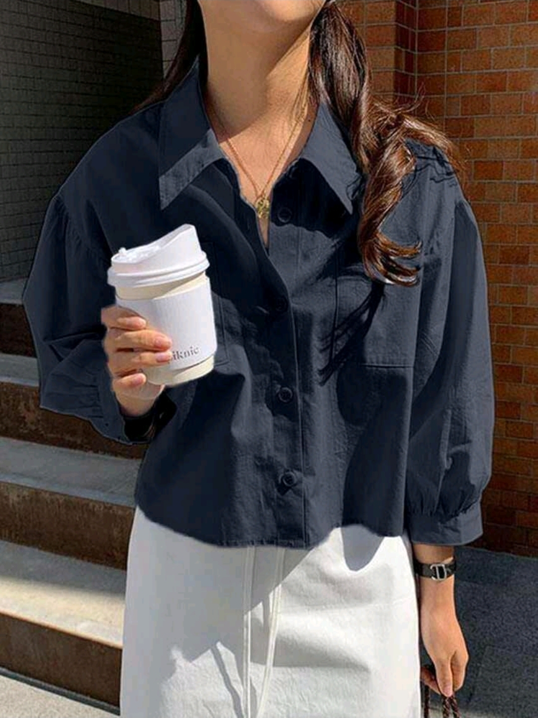 Navy Blue Pocket Loose Short Long Sleeve Blouse, WTP-0012
