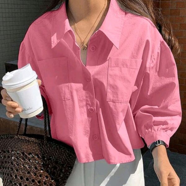 Hot Pink Pocket Loose Short Long Sleeve Blouse, WTP-0015