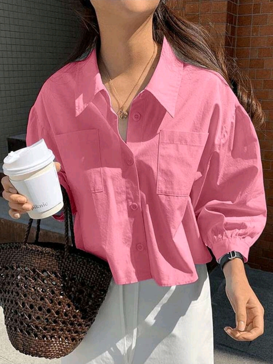 Screenshot_20260830_132704_SHEIN.jpg Hot Pink Pocket Loose Short Long Sleeve Blouse, WTP-0015