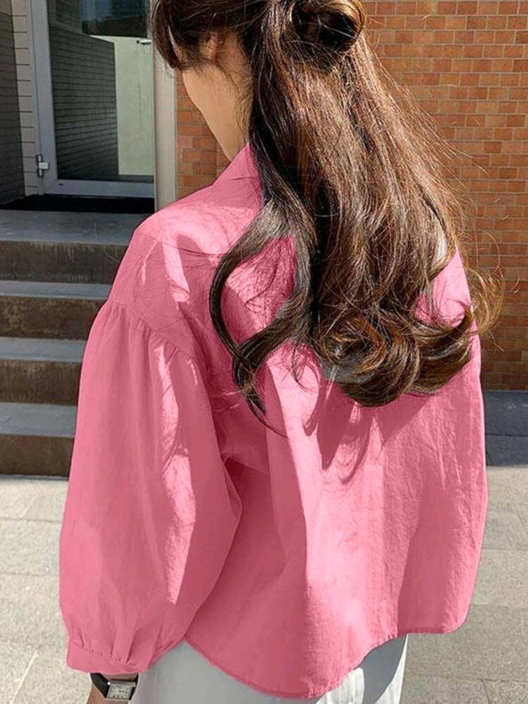 Hot Pink Pocket Loose Short Long Sleeve Blouse, WTP-0015