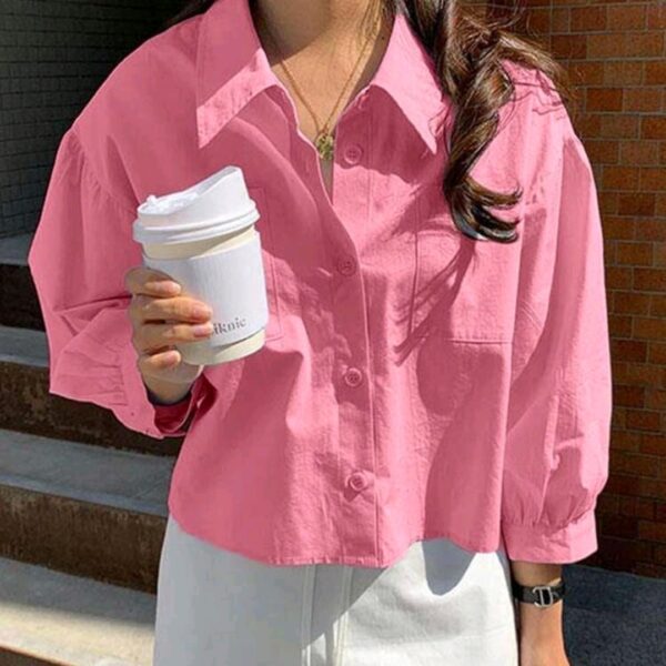 Hot Pink Pocket Loose Short Long Sleeve Blouse, WTP-0015
