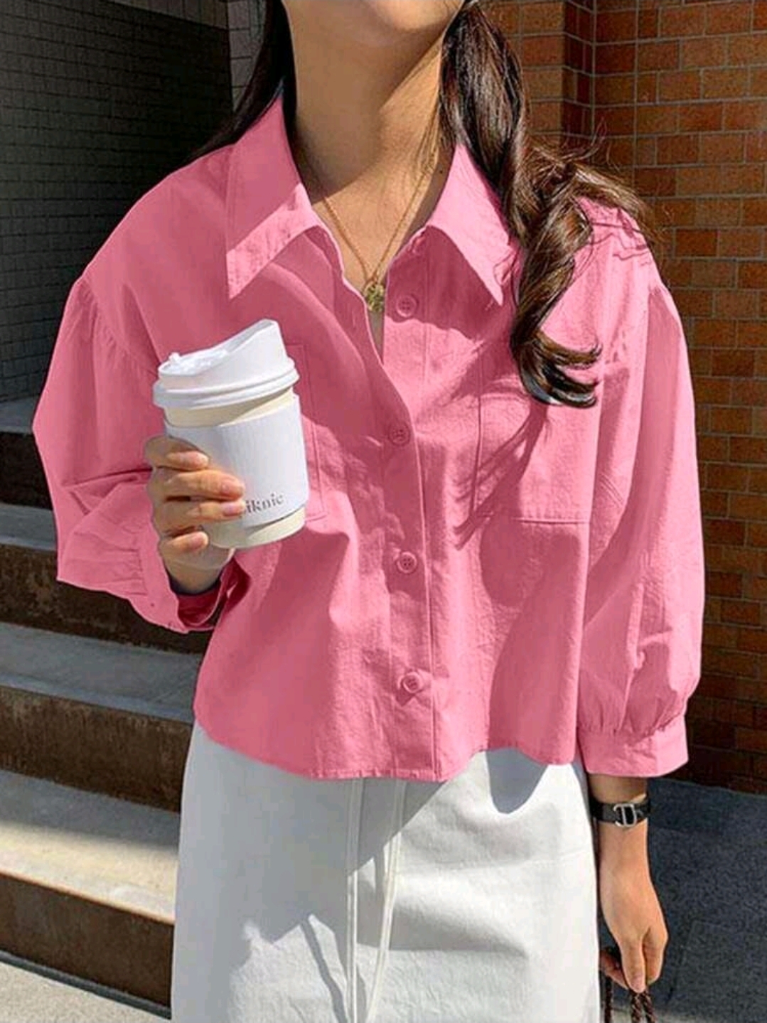 Hot Pink Pocket Loose Short Long Sleeve Blouse, WTP-0015
