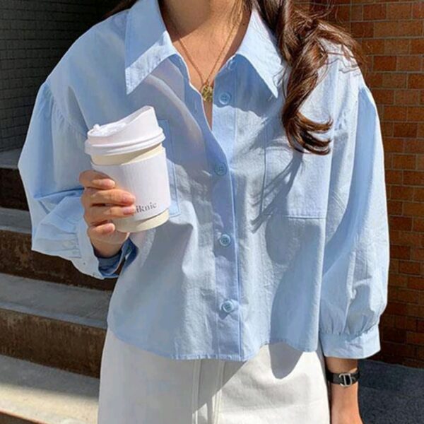 Blue Pocket Loose Short Long Sleeve Blouse, WTP-0014