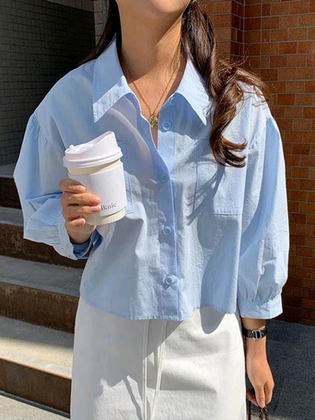 Blue Pocket Loose Short Long Sleeve Blouse, WTP-0014