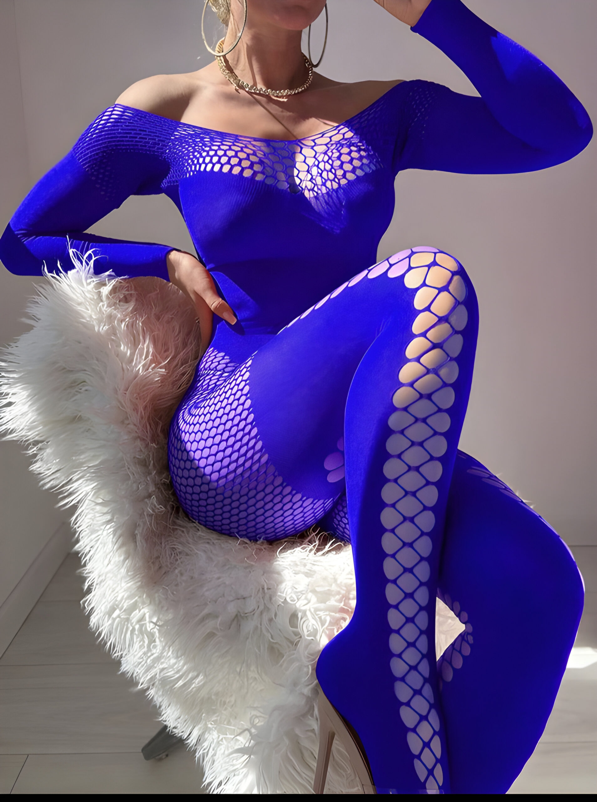 Blue Sexy Women's Fishnet Sheer Jumpsuit Lingerie, WLG-008