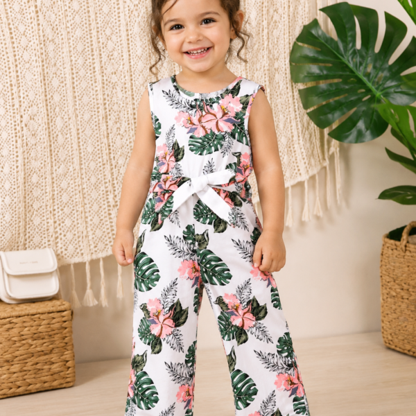 Young Girl Tropical Print Belted Tank Jumpsuit, CHTP-003