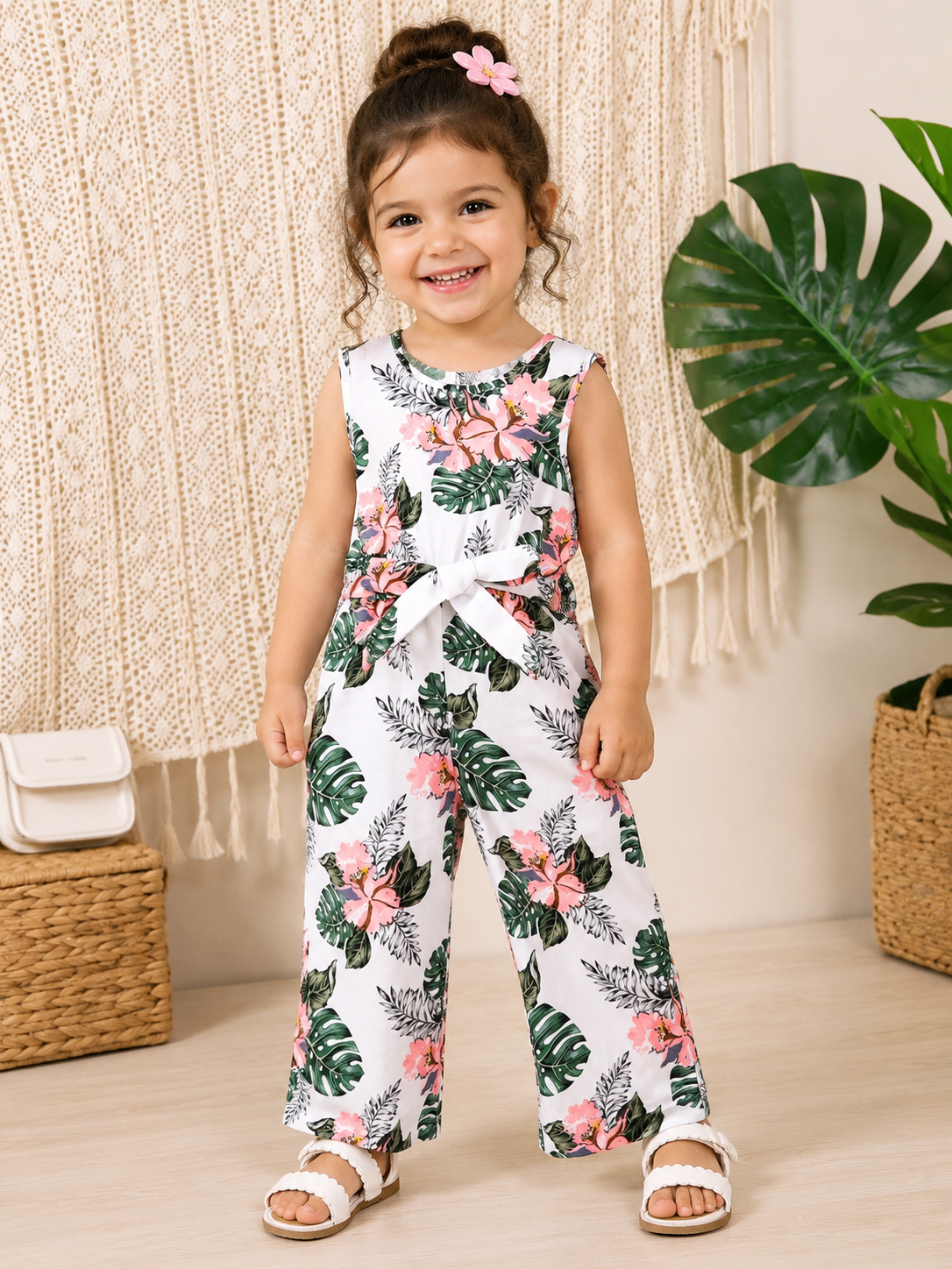 Young Girl Tropical Print Belted Tank Jumpsuit, CHTP-003